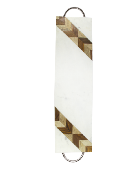 Bandeja de marmol rectangular larga con asas de plata